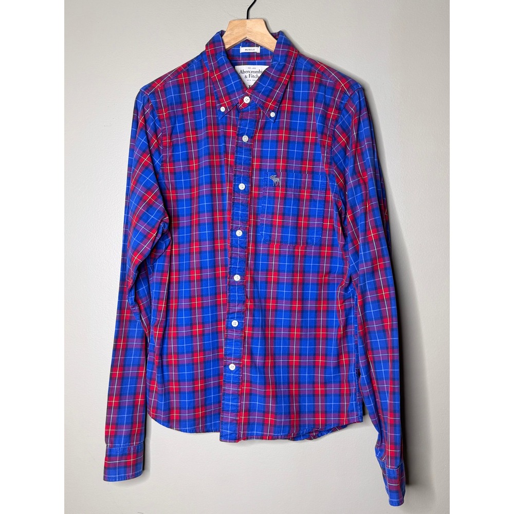 Abercrombie & Fitch Mens XXL Muscle Fit Plaid Button Down Shirt Blue Red